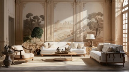 a living room with a large mural on the wall, in the style of pale palette, art deco-inspired, american tonalist, light beige and light amber, organic stone carvings