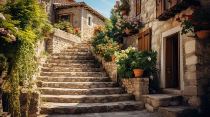 Fototapeta na wymiar hobbit house stairs lined with potted flowers in front of buildings, idyllic rural scenes, documentary travel photography