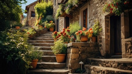 Fototapeta na wymiar hobbit house stairs lined with potted flowers in front of buildings, idyllic rural scenes, documentary travel photography