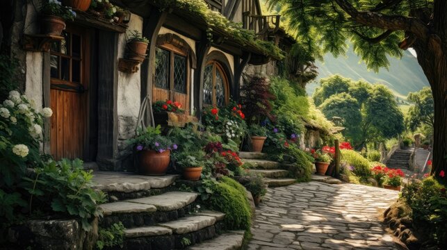 hobbit house stairs lined with potted flowers in front of buildings, idyllic rural scenes, documentary travel photography