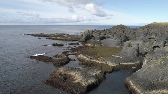 Lava rock coast, Djupalonssandur beach, Snaefellsnes National Park, drone shot, Snaefellsnes Peninsula, Iceland, Europe