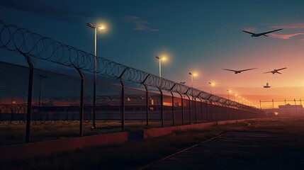 Fototapeta na wymiar y-column and barbed wire on the airport secure fence, Dusk