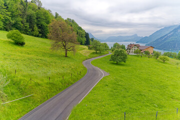 Fototapeta na wymiar Scenic view of scenic landscape with meadow, winding road and Swiss Lake Lucerne in the background on a cloudy spring day. Photo taken May 18th, 2023, Seelisberg, Switzerland.