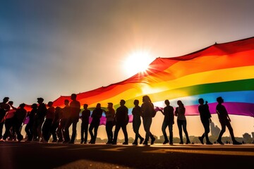 People with rainbow flag on pride parade