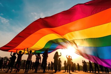 People with rainbow flag on pride parade - obrazy, fototapety, plakaty