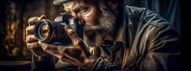 old man photographer with camera in hands, banner made with Generative AI