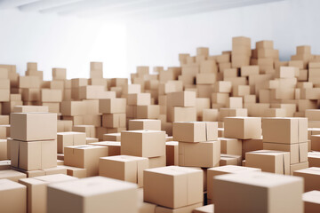 Huge pile of  many cardboard plain boxes on white background. Lots of of kraft boxes. Creative wallpaper concept of moving, transportation, housewarming and delivery company. Generative AI photo.