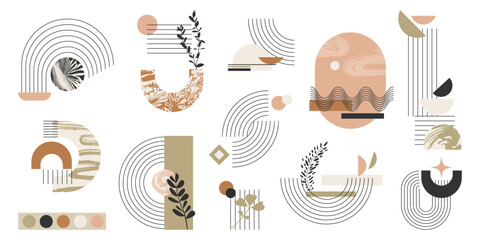 Modern mid century elements vector illustrations set. Aesthetic contemporary line art with geometric organic shapes in earth colors. Abstract design for print, poster, wallpaper