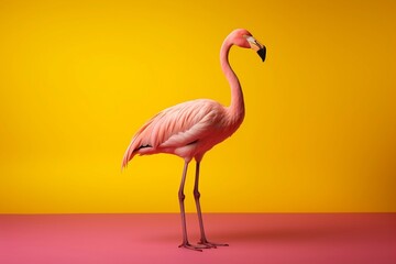 A pink flamingo standing in front of a yellow background. AI