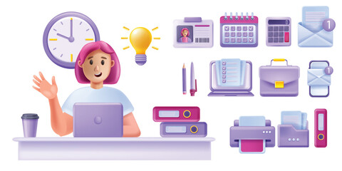 Fototapeta premium 3D woman working laptop, home office vector icon set, happy young smiling female character, table. Cartoon freelancer student online education, printer, document file folder. Cute woman using laptop