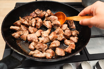Woman mixing the meat in a frying pan shovel. Pan-fried meat, French fries