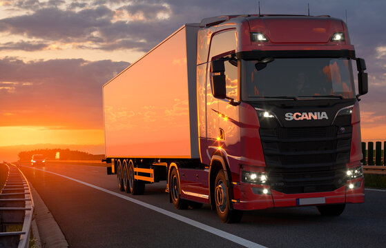 Scania S 730 truck with semi-trailer on the motorway