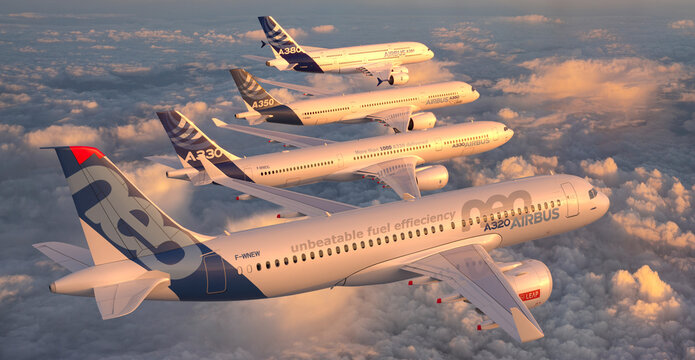 Airbus family flight: A380, A350, A330 and A320 perform spectacular formation flight