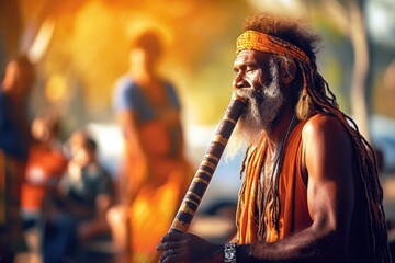 Native Australian man playing a didgeridoo.