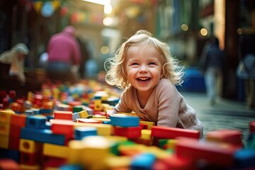 Fototapeta na wymiar Smiling child playing with colorful building blocks.