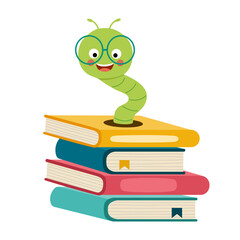 Cute bookworm in book cartoon character in flat design on white background.