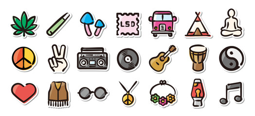 Illustrated sticker set of hippie.Quick and simple to use.