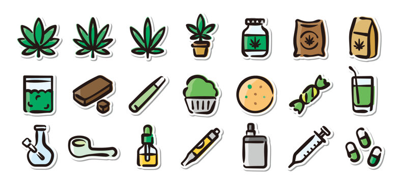 Illustrated sticker set of cannabis product.Quick and simple to use.