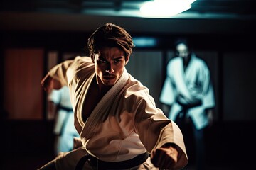 Young man practicing martial arts in a dojo.