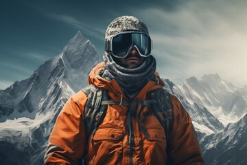 Fototapeta na wymiar A man in an orange jacket and goggles standing in front of a mountain range. AI