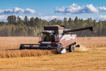 Modern combine harvester working in the field on a clear sunny day