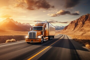 A semi truck driving down a desert road. AI