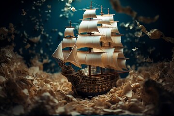A wooden model of a sailing ship surrounded by leaves. AI - obrazy, fototapety, plakaty