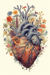  Anatomical heart of flowers and plants in vintage style, Symbol of love, Generative AI