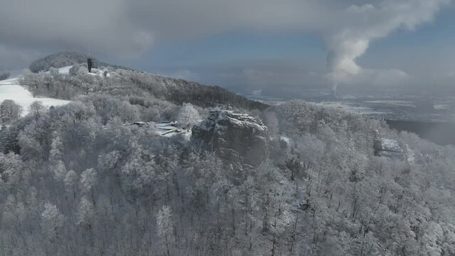 Froburg castle ruins in the snow, aerial view, Trimbach, Solothurn, Switzerland, Europe