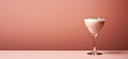 Coffee cocktail with whipped milk cream foam in glass isolated on pastel flat beige background with copy space. Alcoholic Irish coffee drink, minimal concept. Generative AI.