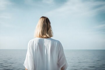 Illustration of a back view of an angel-like blonde woman in white looking out into the empty space in front of her.  Very desolate surroundings.  (AI-generated surroundings.  fictional illustration)

