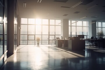 Beautiful blurred background of a light modern office interior with panoramic windows and beautiful lighting. Ai generative.
