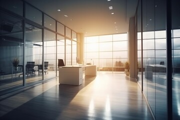 Beautiful blurred background of a light modern office interior with panoramic windows and beautiful lighting. Ai generative.