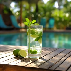 a glass of water with limes and mint leaves on a table