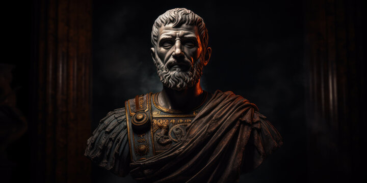 Aurelian bust sculpture, former Roman emperor. Generative AI