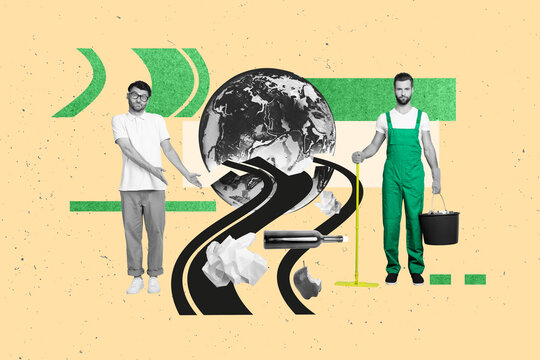 Creative collage image of two black white effect guys hold trash bucket mop drawing polluted planet earth globe isolated on beige background