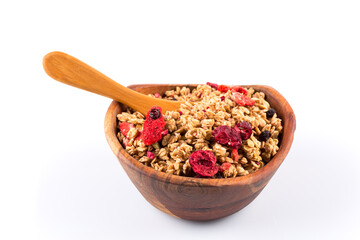 Muesli oat cereals close up background with dry fruits