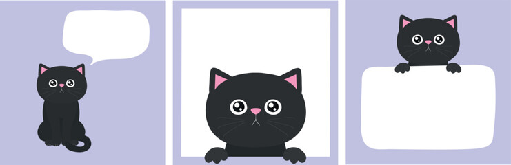 Obraz premium Cute black kitten set in frame with copy space. Black cat holding empty paper. Cat with a speech bubble. Kawaii cartoon character with whiskers and paws. Vector art
