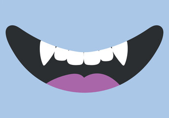 Cartoon smiling mouth with fangs. Monsters or a vampire smile. Cute hand drawn smile. Vector illustration - obrazy, fototapety, plakaty