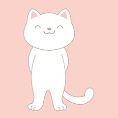 Cartoon white cat posing on pastel pink background. Cute childish style. Vector illustration