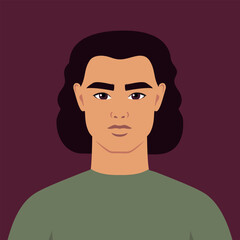 Young man with curly hair portrait. Abstract guy or a student. Full face abstract male avatar in flat style. Vector art
