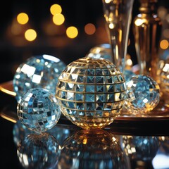 Retro Disco Vibes Stunning Centerpiece with a Disco Ball, Mirrored Surfaces, and Metallic Accents