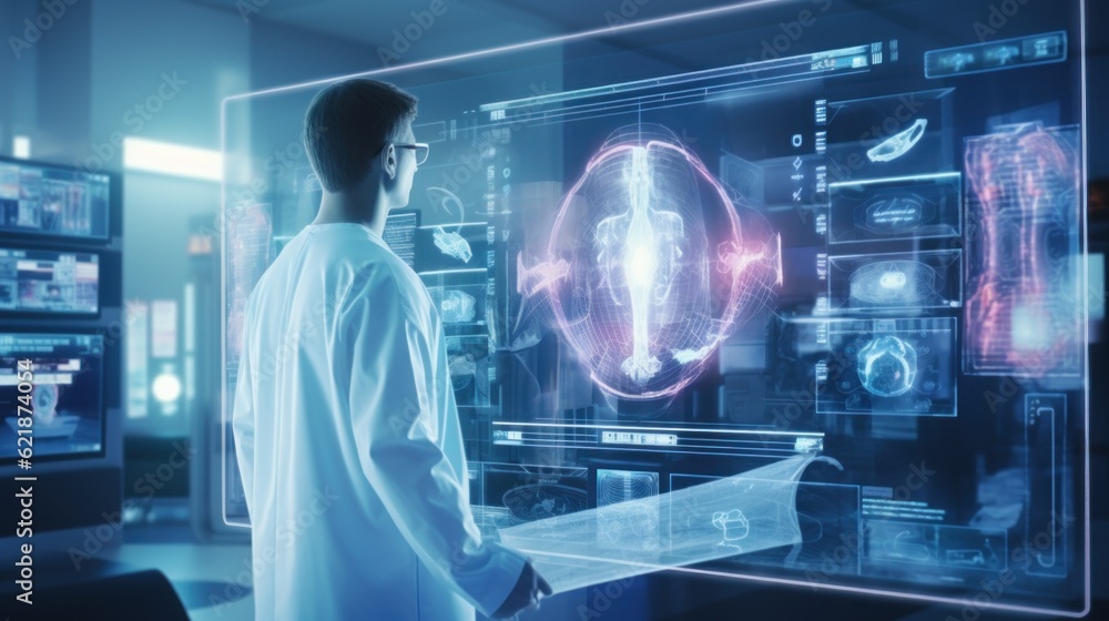Poster a man in a lab coat standing in front of a large screen. generative ai image.