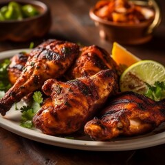 Fototapeta premium Roasted chicken on a plate grilled chicken wings Indian spiced grilled chicken Tandoori Chicken generative ai