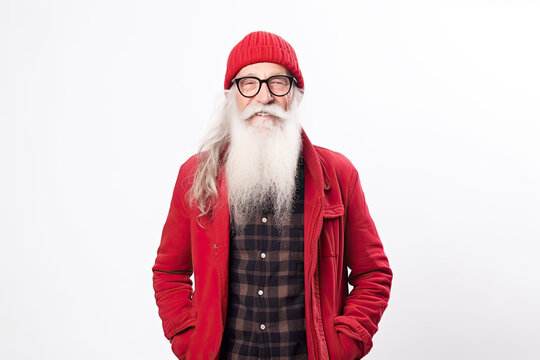 Portrait of handsome old hipster with eyewear eyeglasses isolated over red background