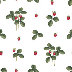 Hand painted illustrations of Strawberries. Seamless pattern design. Cottegecore print. Perfect for fabrics, wallpapers, apparel, home textile, packaging design, stationery and other goods - 621875055
