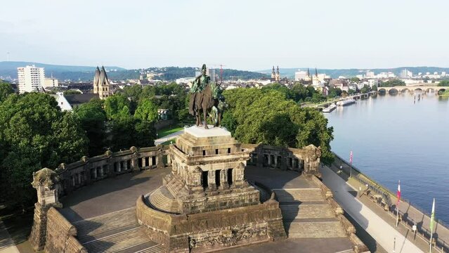 Drone flight over the Kaiser Wilhelm Monument. Deutsches Eck the confluence of the Rhine and Moselle. Koblenz, Rhineland-Palatinate, Germany, Europe