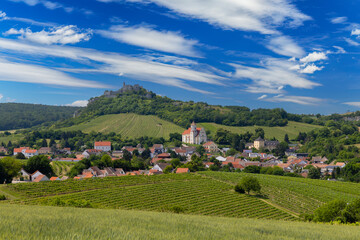Falkenstein ruins and town with vineyard, Lower Austria, Austria