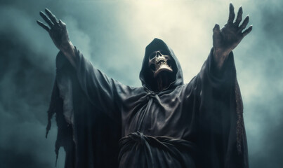 Fototapeta na wymiar night death hood horror evil ghost fear creepy skeleton halloween. Generative AI.