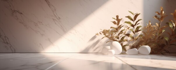 Beautiful minimalistic light banner background with blurred foliage shadow on a light wall. Background for presentation with with marble floor. Ai generative.